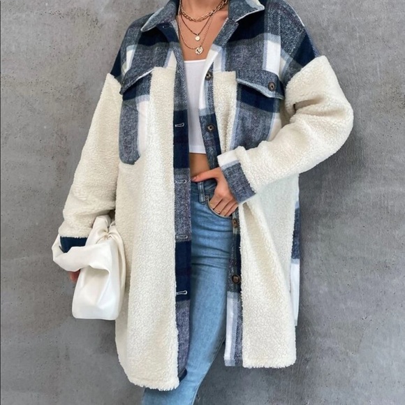 Jackets & Blazers - Oversized, blue plaid, Drop Shoulder Longline Jacket XS